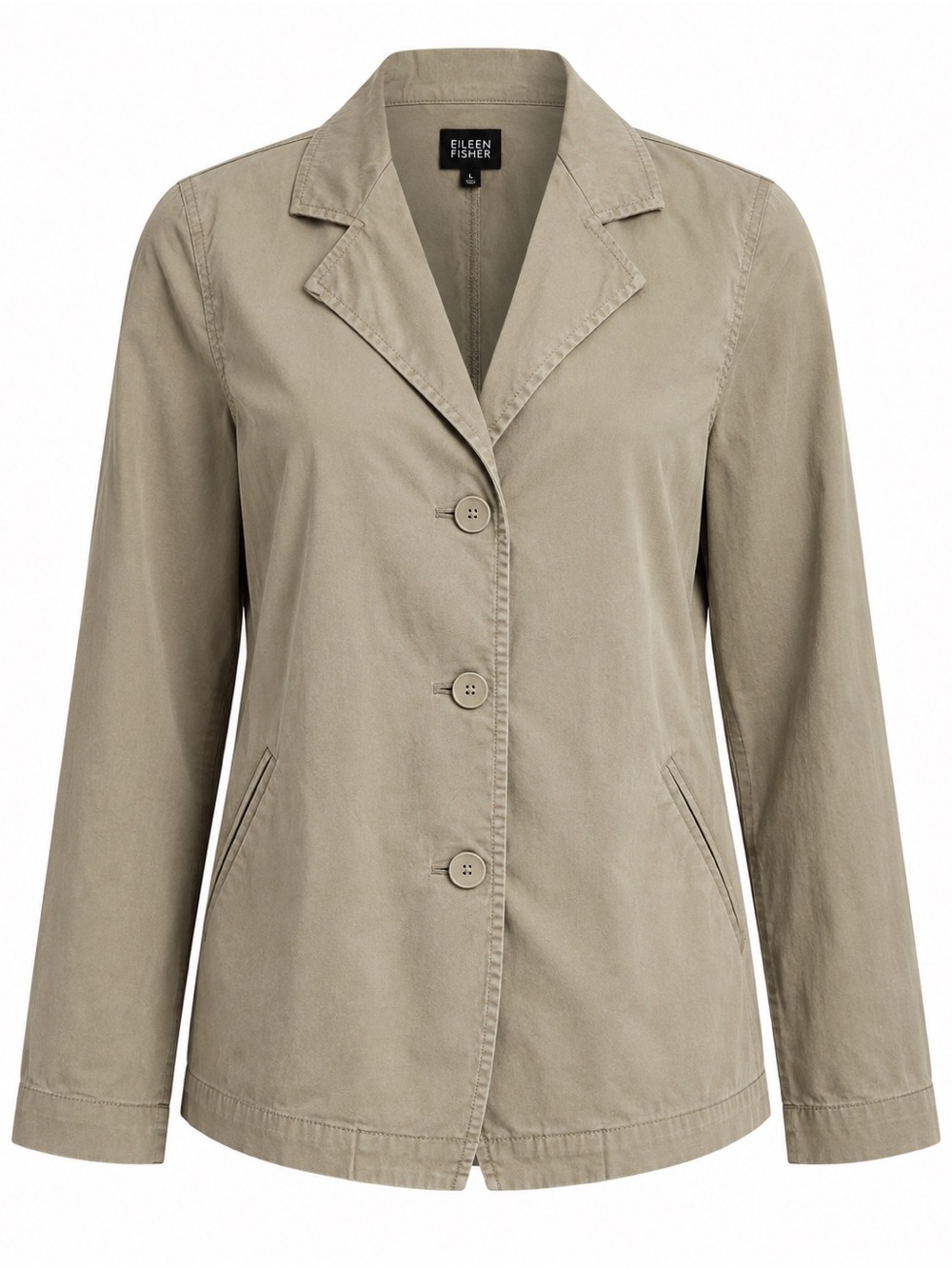 Eileen Fisher Khaki 3-Button Casual Blazer Cotton Tencel Jacket Sz L